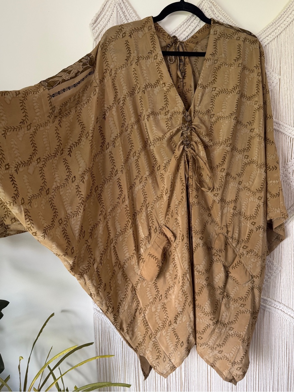Kantha Bae Vintage Sari Silk Olive/Tan Moondance Muu Tunic OS NWT